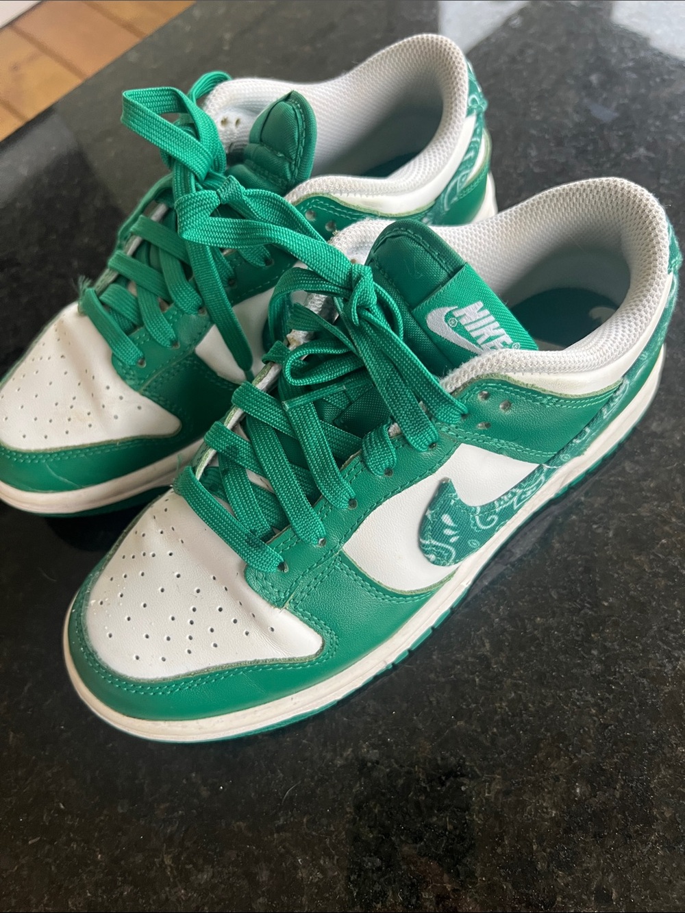 Nike Dunks White & Green Low-Top Sneakers with Paisley Swoosh